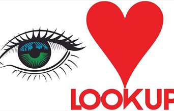 Poster for Look Up Portsmouth, featuring a My Dog Sighs 'eye' and a red heart