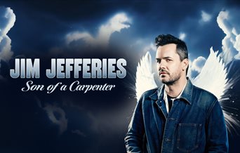 Poster for the Son of a Carpenter by Jim Jefferies, showing the comedian with angel wings