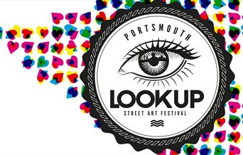 Poster for Look Up Portsmouth, featuring a My Dog Sighs 'eye' surrounded by colourful hearts