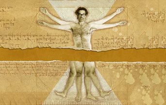 Poster for Vitruvian Mango by Marcus Brigstocke, showing the comedian looking like Da Vinci's Vitruvian Man illustration