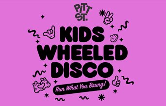 Pink poster for the Kids Wheeled Disco at Pitt St Skate Park