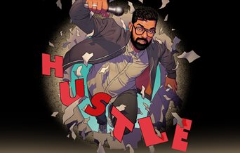 Illustration of Romesh Ranganathan bursting through with the word 'Hustle'