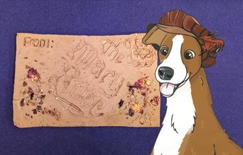 Illustration of Hatch, the Mary Rose dog, with a craft activity item made at the museum