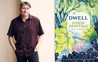 Poet Simon Armitage next to a copy of his new book Dwell.