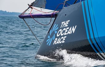 A boat taking part in The Ocean Race, emblazoned with the race livery, copyright Ainhoa Sanchez - The Ocean Race