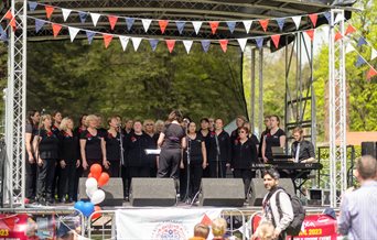 Photograph of a stage with live performers at Victoria Park in Portsmouth