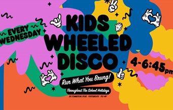 Poster for Kids wheeled disco at Pitt St Skate Park.