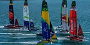 SailGP foiling catamarans sailing during a race