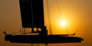 A foiling catamaran being transported at low light