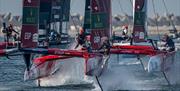 A GB foiling catamaran during a SailGP race