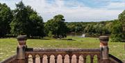 View out over Staunton Country Park under a blue sky