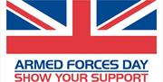 Armed Forces Day logo, featuring a section of the Union Flag plus the words Armed Forces Day, Show Your Support