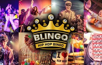 Composite image with lots of photos showing people enjoying Hip Hop Bingo