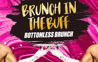 Flyer image for Brunch In The Buff featuring two topless men holding a food plate