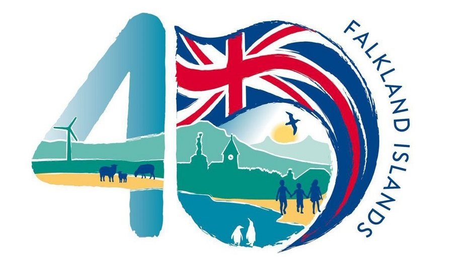 Falklands 40 logo, featuring illustrated scenes from the islands within the numbers 4 0. Image copyright: The Falkland Islands Government (FIG)