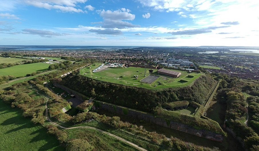 Aerial photograph of the fort, looking out from Portsdown Hill to Portsmouth and beyond
