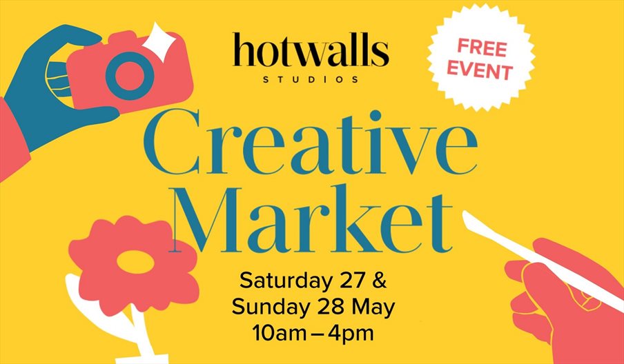 Poster for the Hotwalls Studios Creative Market, with illustrations of craft activities against a yellow background