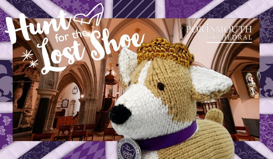 Image for the Hunt for the Lost Shoe event, featuring a crocheted corgi