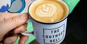Fresh coffee in a 'The Southsea Deli' mug