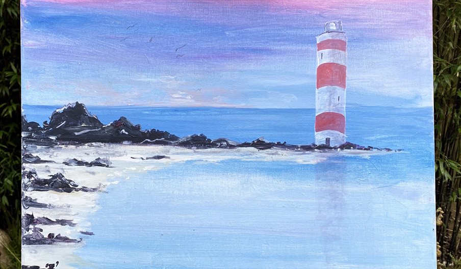 Painting of a lighthouse overlooking a bay