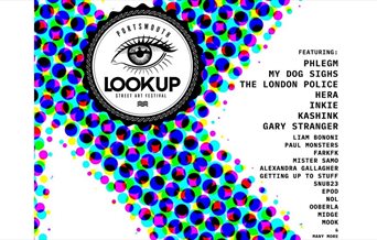 Poster for Look Up Portsmouth, featuring the event logo (a My Dog Sighs 'eye') and a list of artists that have signed up