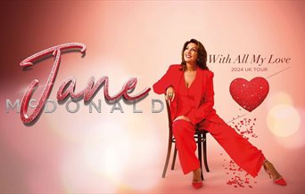 Poster for Jane McDonald - With All My Love, featuring the singer sat on a chair and wearing a red outfit