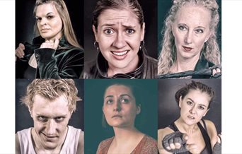 Press photo for Miss Sherlock Holmes featuring headshots of all six characters.