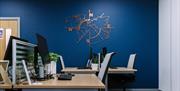 An office space with a blue wall and compass direction mounted on it
