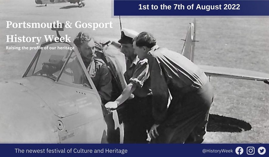 Flyer image for Portsmouth & Gosport History Week, featuring the event details overlaid on a black and white photograph