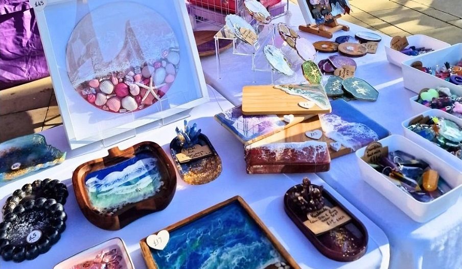 Resin products for sale at a market in Portsmouth