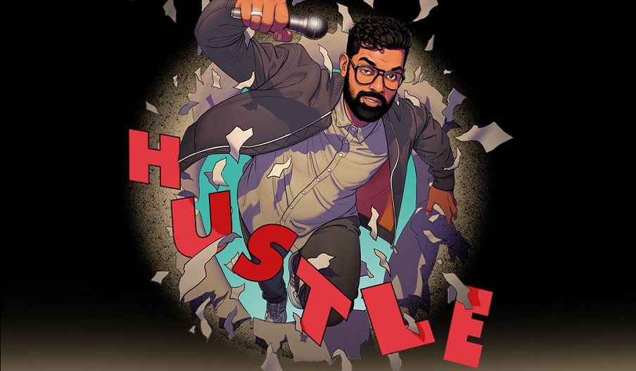 Illustration of Romesh Ranganathan bursting through with the word 'Hustle'