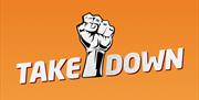 Logo for Takedown festival, featuring a balled fist and the event title against an orange background.