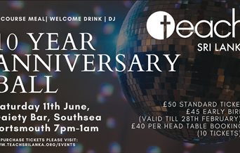 Flyer image for the Teach Sri Lanka 10 Year Anniversary Ball, featuring event information and a picture of a glitterball