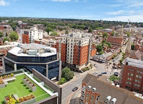 Aerial shot of Reading overlooking business roof terrace