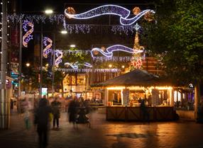 Christmas lights and drinks cabin on Reading's Broad Street