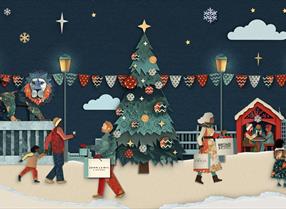 Graphic illustration of a Christmas scene in Reading with the Forbury Lion and Christmas tree, shoppers and families