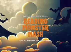 Halloween themed background with graphic bats and text reading 'Reading Monster Mash'