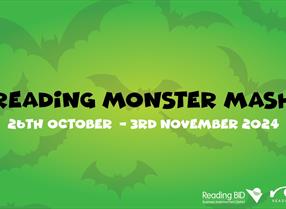 Green Halloween themed background with graphic bats and text reading 'Reading Monster Mash'