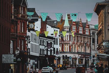 Reading town centre buildings and bunting