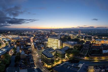 Aerial shot of Reading at night-time