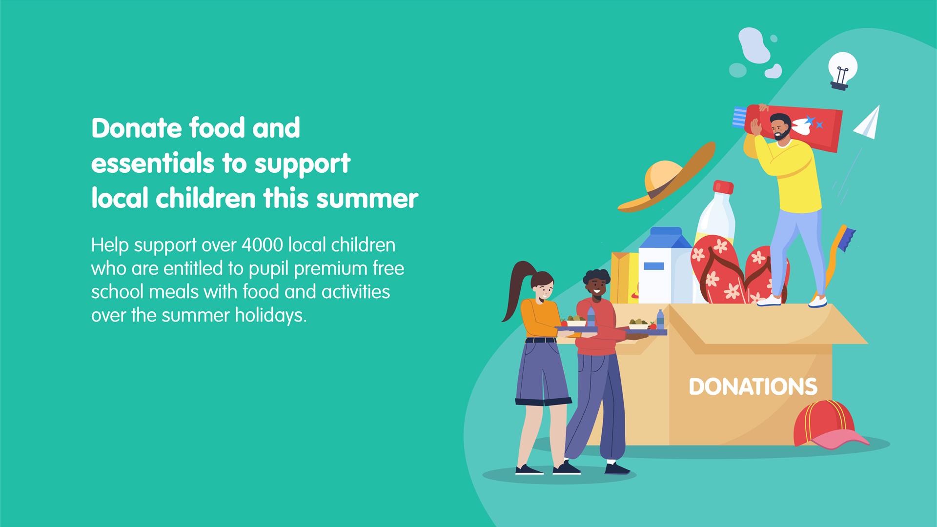 Graphic illustration of a food donation box with food items and two children with trays of lunch food