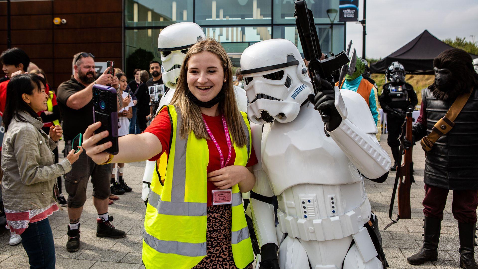 Lady posing with storm trooper at Cine Valley in Reading