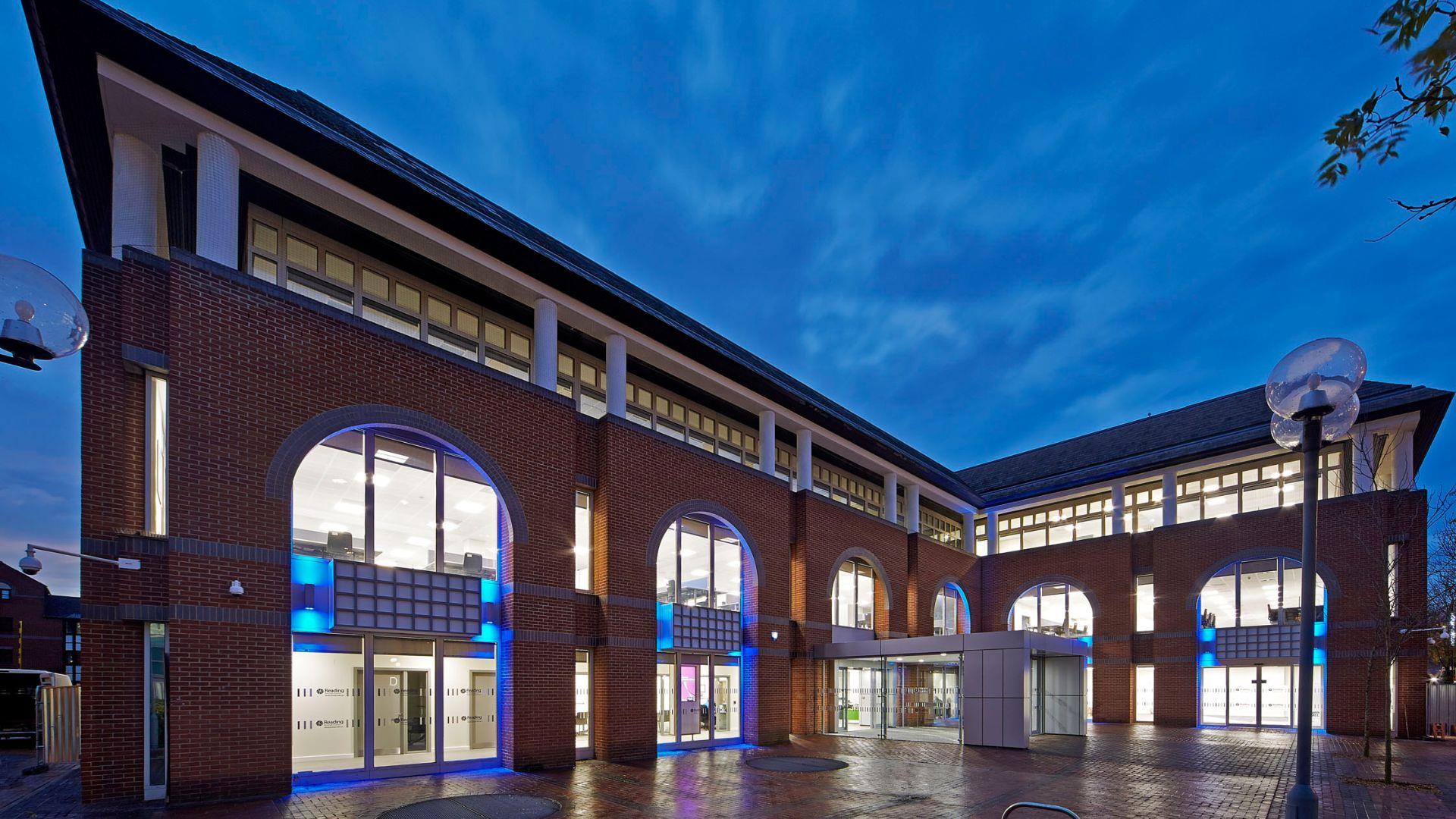 Exterior shot of Reading Borough Council civic offices at dusk