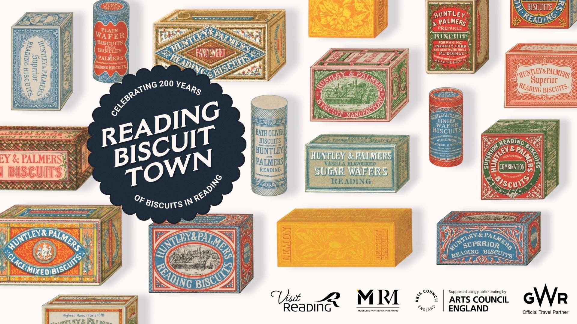 Historic biscuit tins and Biscuit Town logo