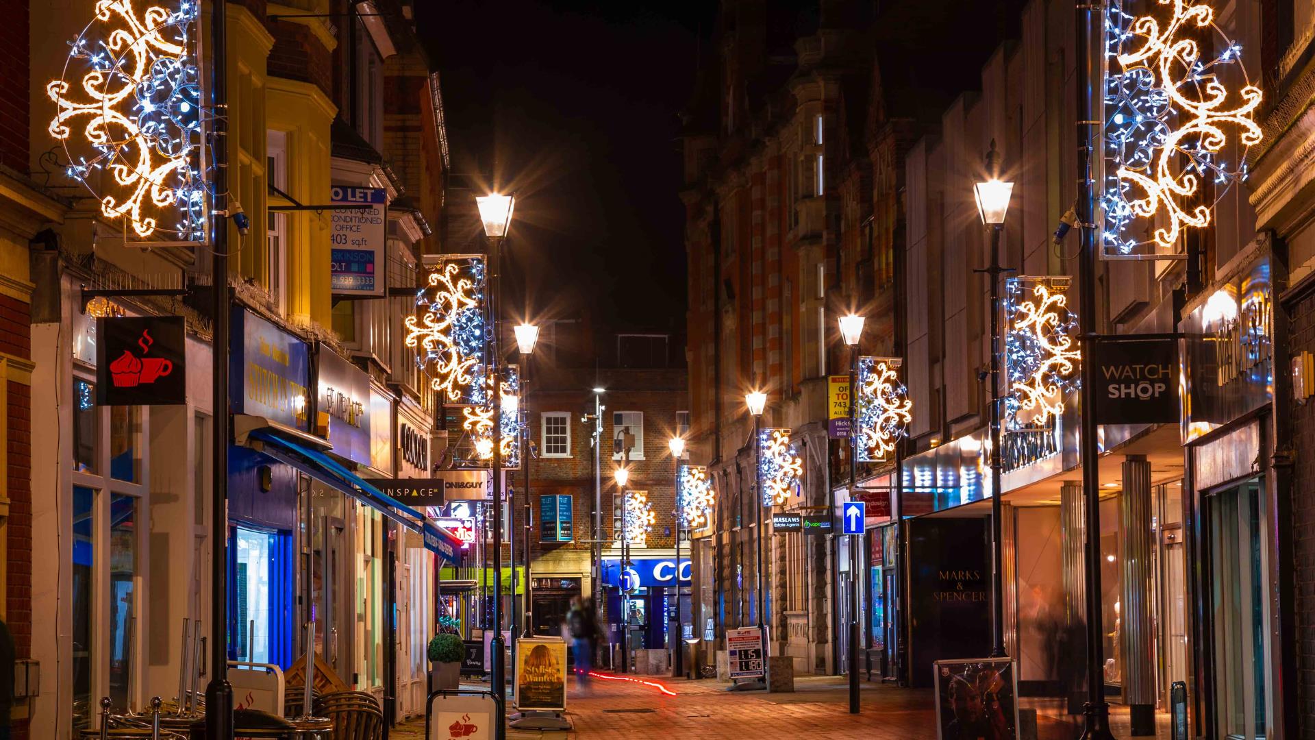 Christmas lights along Cross Street in Reading town centre