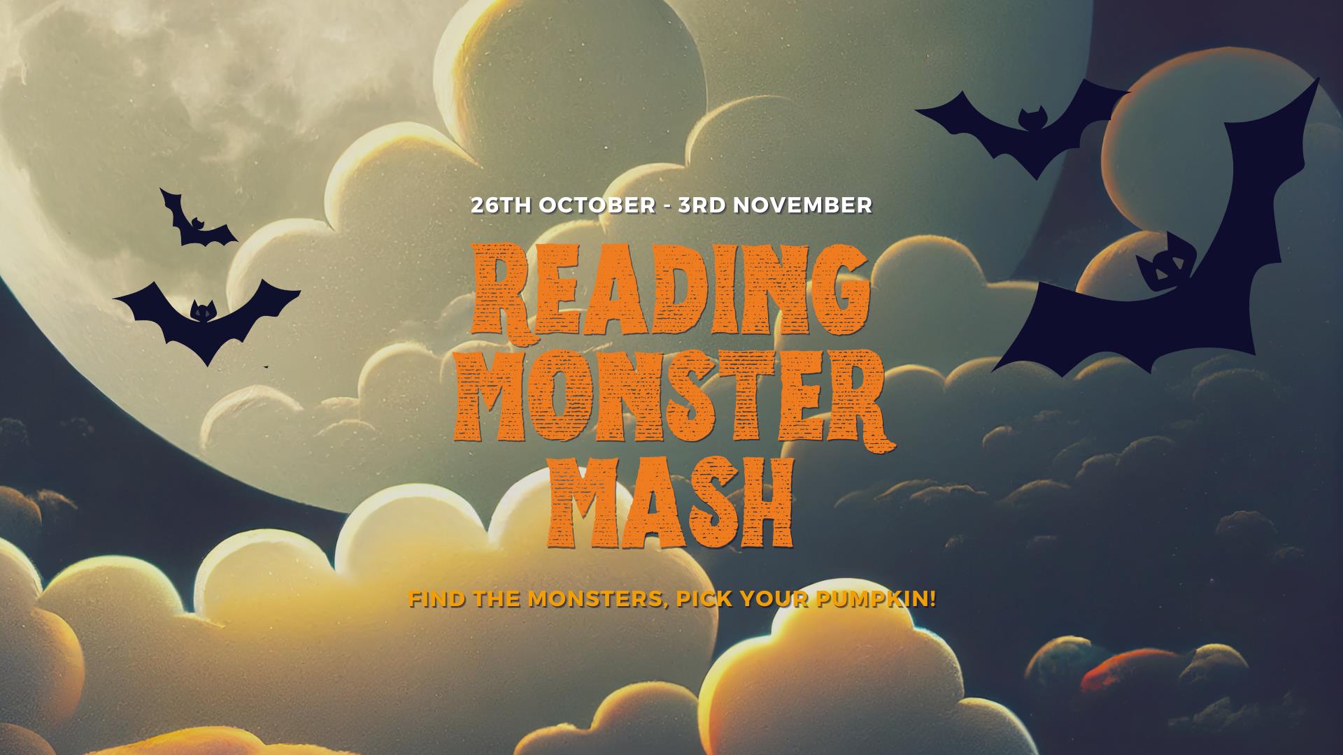 Halloween themed background with graphic bats and text saying 'Reading Monster Mash'