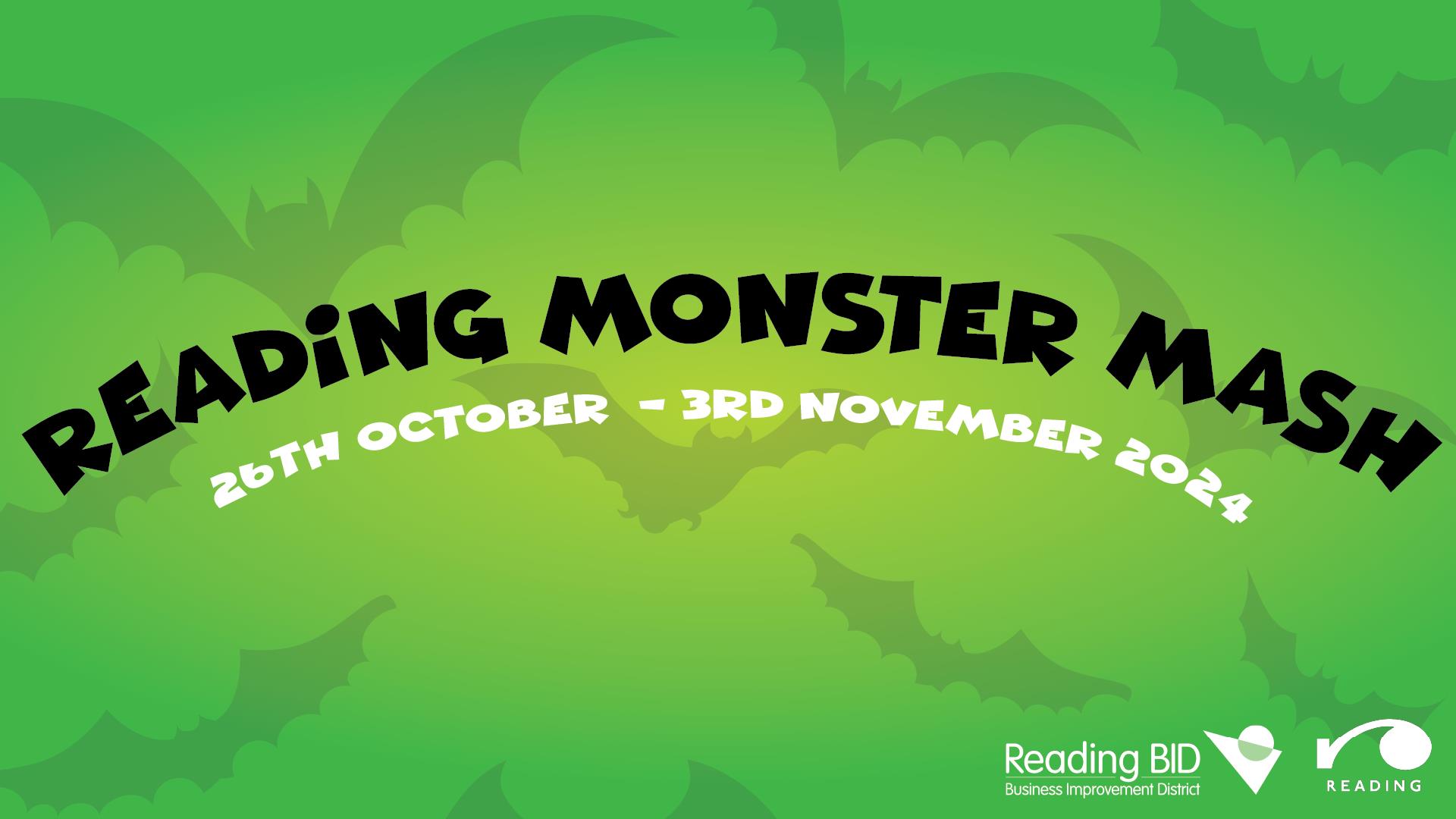 Green Halloween themed background with graphic bats and text saying 'Reading Monster Mash'