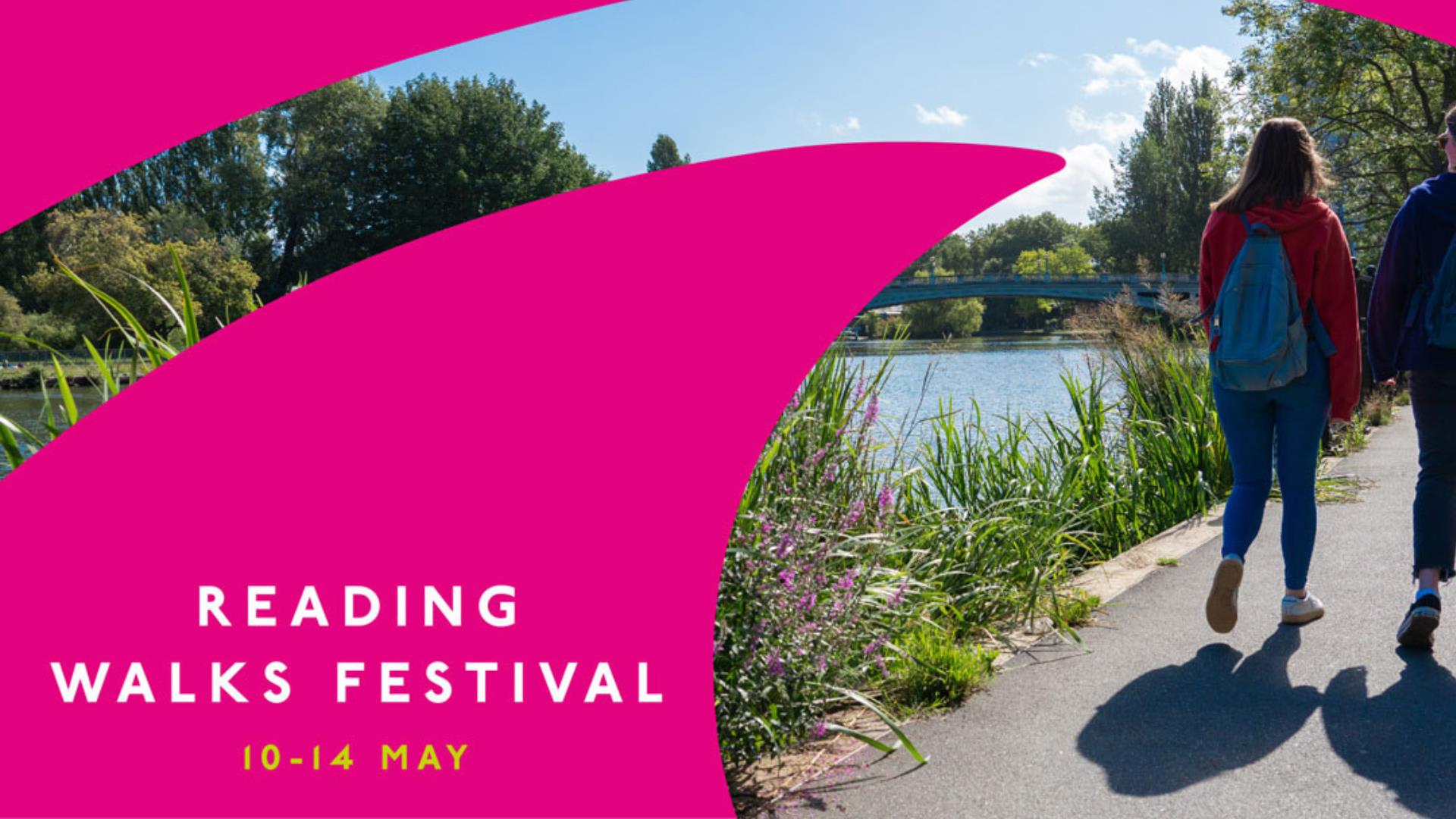 Young woman walking along the River Thames with Reading Walks Festival message