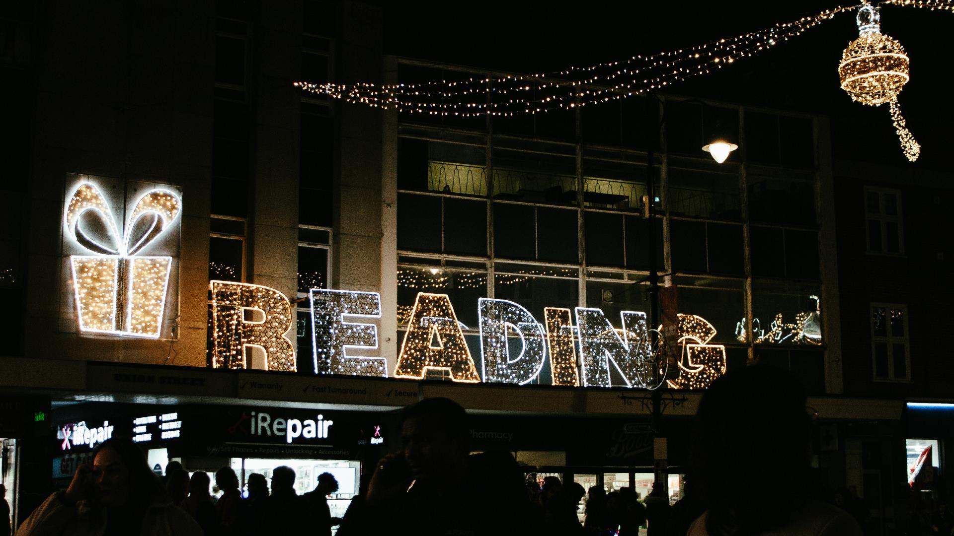 Reading Christmas Sign in Lights