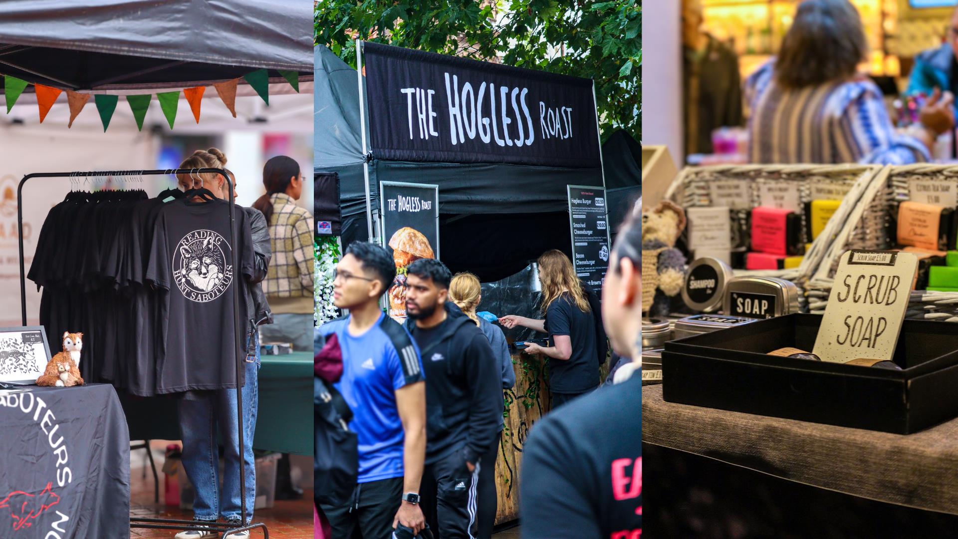 Clothing stall, Hogless Roast food van, scrub soap